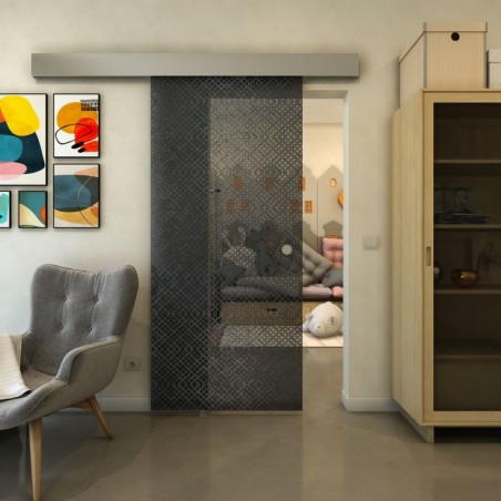 Glasschiebetür ECO-LINE - Fineprint Model 018 Schwarz auf Grauglas