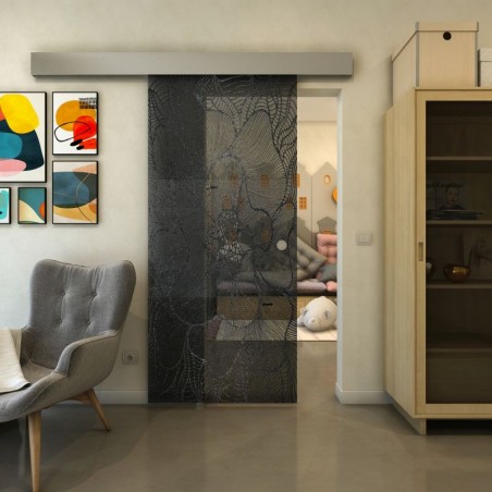 Glasschiebetür ECO-LINE - Fineprint Model 020 Schwarz auf Grauglas