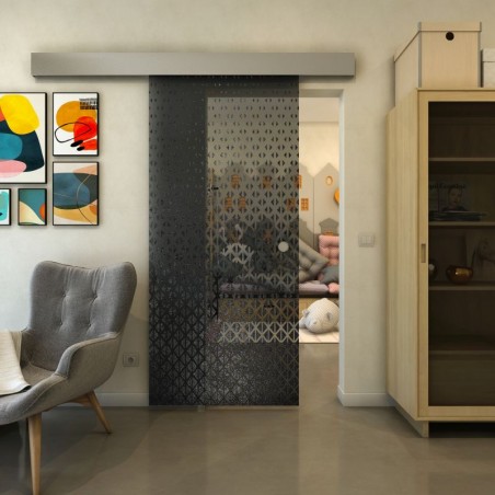Glasschiebetür ECO-LINE - Fineprint Model 038 Schwarz auf Grauglas