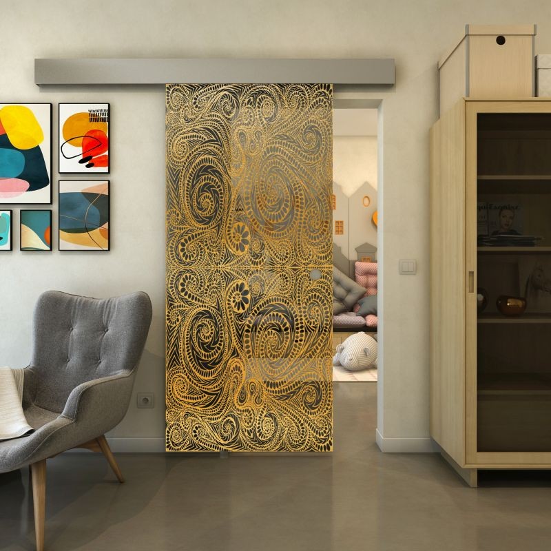 Glasschiebetür ECO-LINE - Fineprint Modell 051 Gold auf Grauglas Glasschiebetür ECO-LINE - Fineprint Modell 051 Gold auf Grauglas