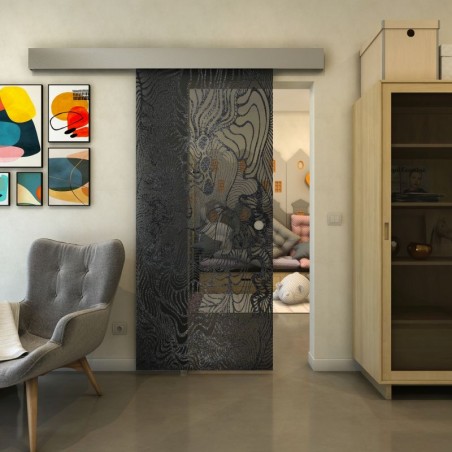 Glasschiebetür ECO-LINE - Fineprint Model 056 Schwarz auf Grauglas