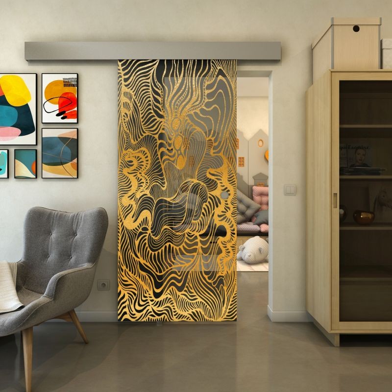Glasschiebetür ECO-LINE - Fineprint Modell 056 Gold auf Grauglas Glasschiebetür ECO-LINE - Fineprint Modell 056 Gold auf Grauglas