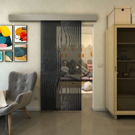 Glasschiebetür ECO-LINE - Fineprint Model 059 Schwarz auf Grauglas