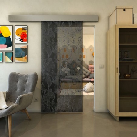 Glasschiebetür ECO-LINE - Fineprint Model 077 Schwarz auf Grauglas