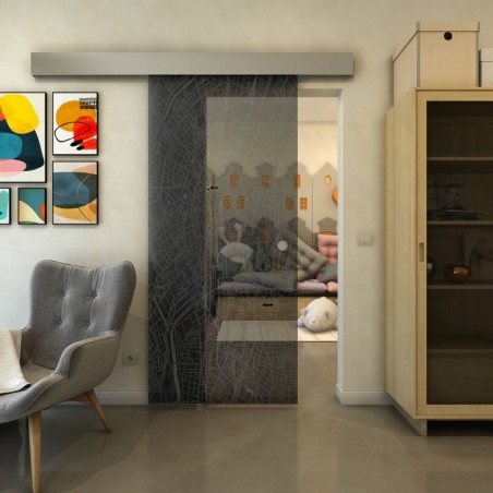 Glasschiebetür ECO-LINE - Fineprint Model 079 Schwarz auf Grauglas