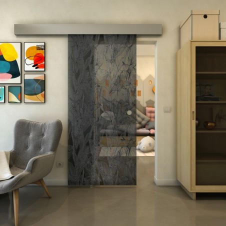 Glasschiebetür ECO-LINE - Fineprint Model 084 Schwarz auf Grauglas
