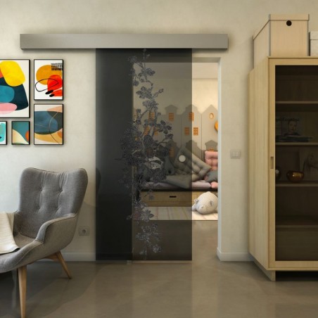 Glasschiebetür ECO-LINE - Fineprint Model 085 Schwarz auf Grauglas