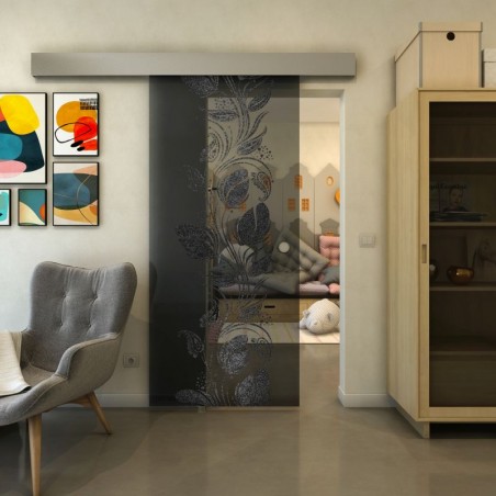 Glasschiebetür ECO-LINE - Fineprint Model 086 Schwarz auf Grauglas
