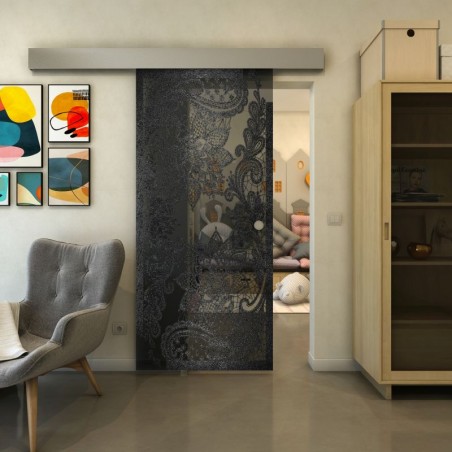 Glasschiebetür ECO-LINE - Fineprint Model 108 Schwarz auf Grauglas