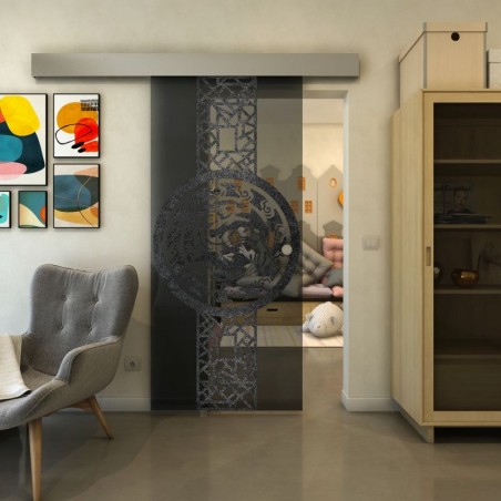 Glasschiebetür ECO-LINE - Fineprint Model 151 Schwarz auf Grauglas