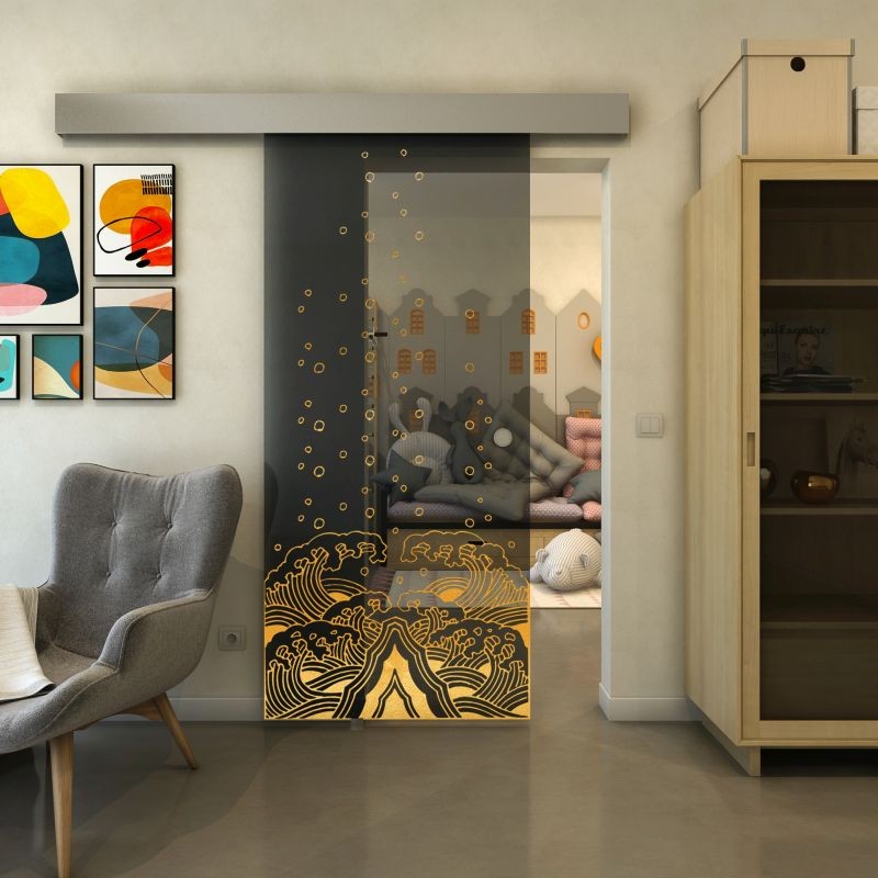 Glasschiebetür ECO-LINE - Fineprint Modell 155 Gold auf Grauglas Glasschiebetür ECO-LINE - Fineprint Modell 155 Gold auf Grauglas
