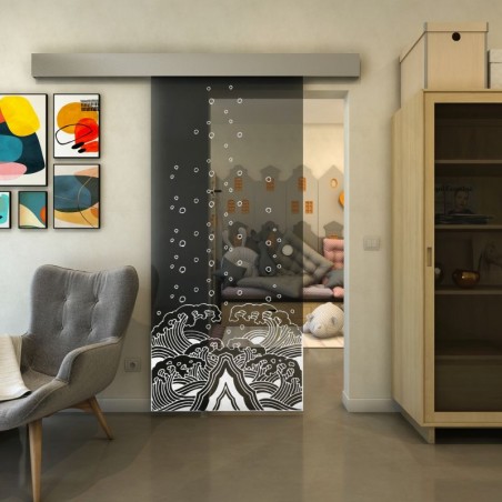 Glasschiebetür ECO-LINE - Fineprint Model 155 Weiss auf Grauglas