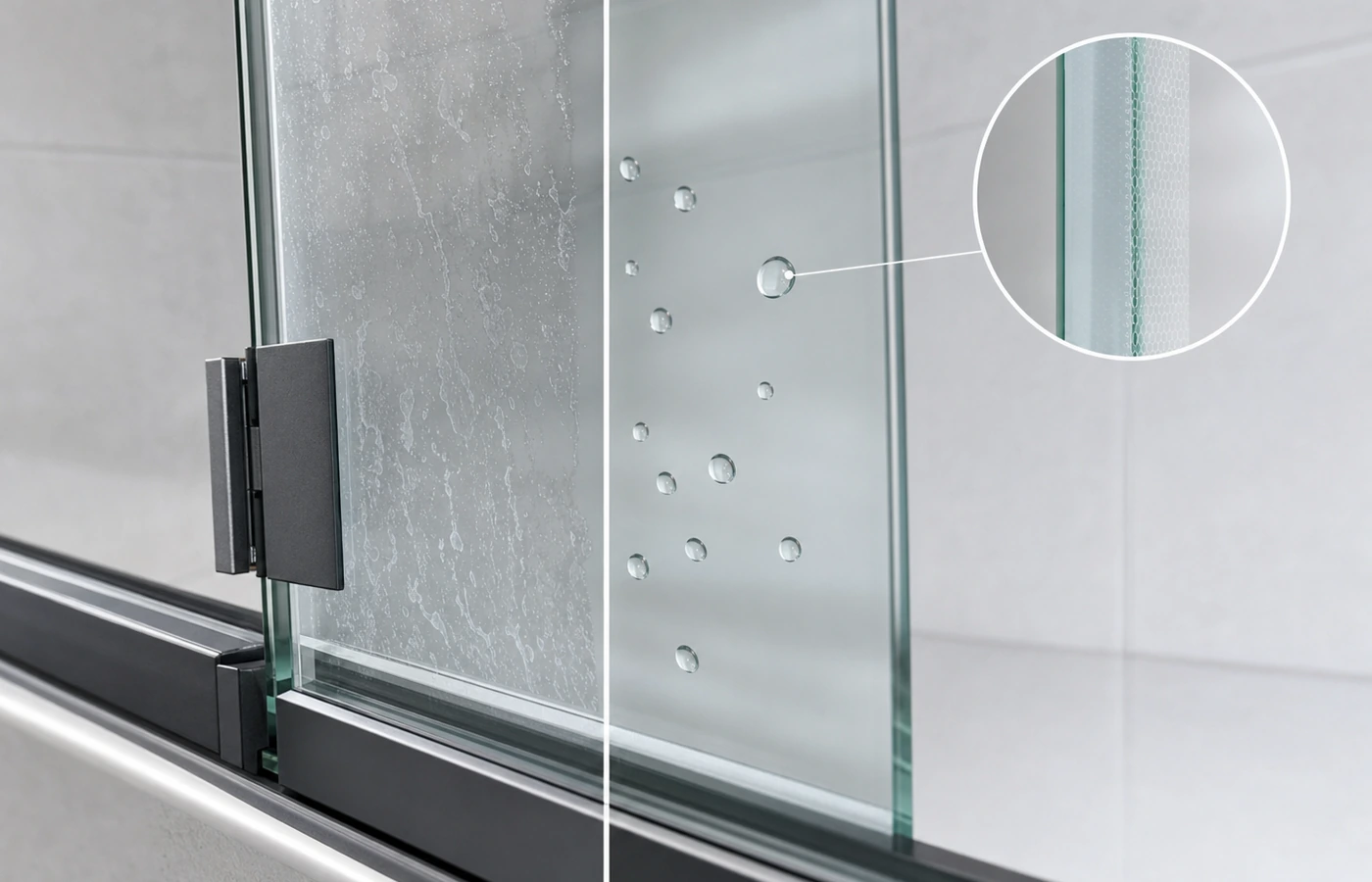 Wassertropfen auf Duschglas als Detail für Nutzen und Grenzen