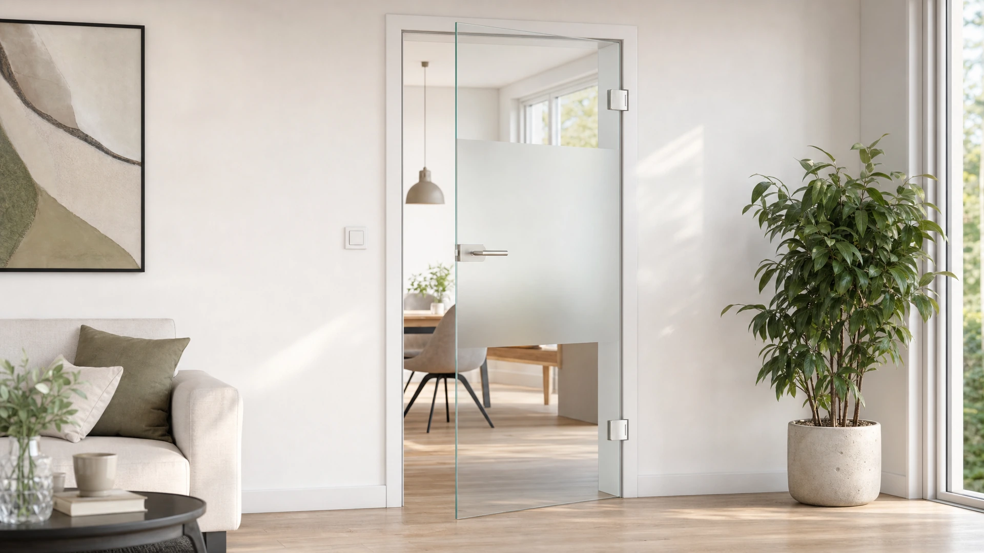 Moderne Glastür für innen in einem hellen Wohnraum