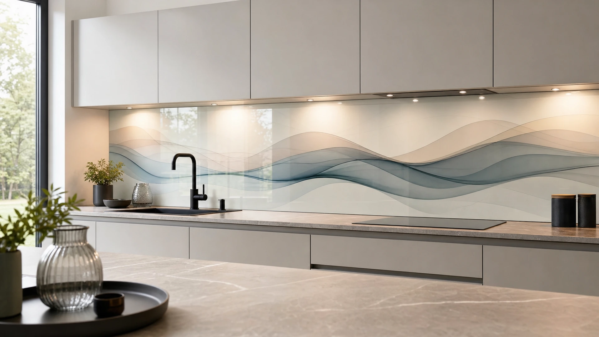 Moderne Küche mit abstraktem Motiv auf einer Glas-Küchenrückwand