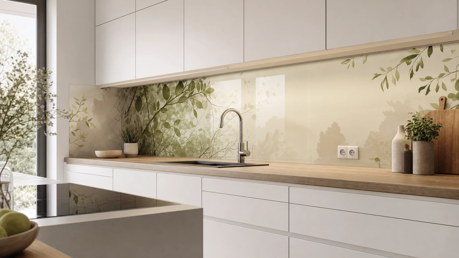 Weiße Küche mit harmonisch abgestimmtem Naturmotiv auf der Glasrückwand