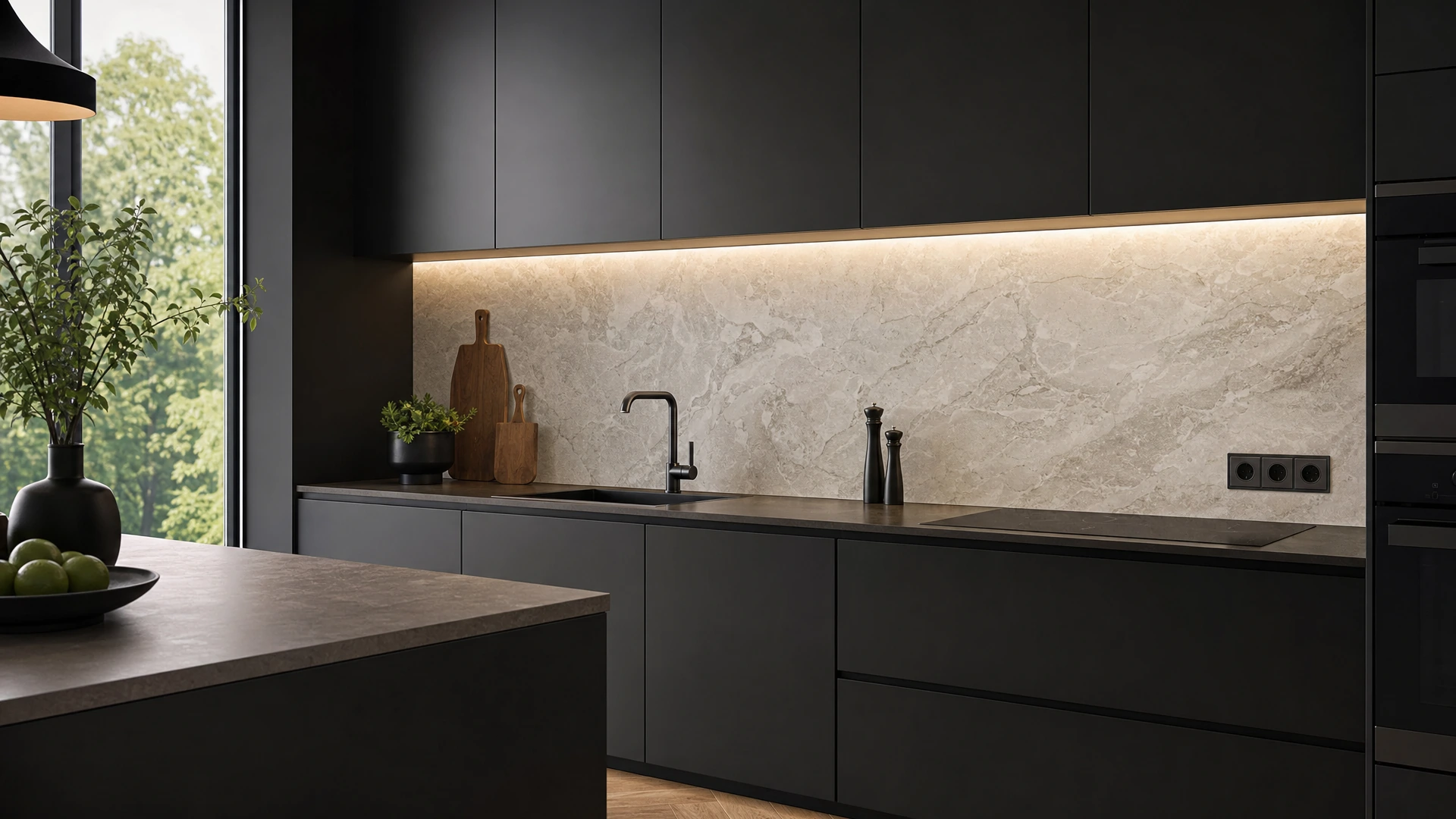 Schwarze Küche mit heller kontrastreicher Glas-Küchenrückwand