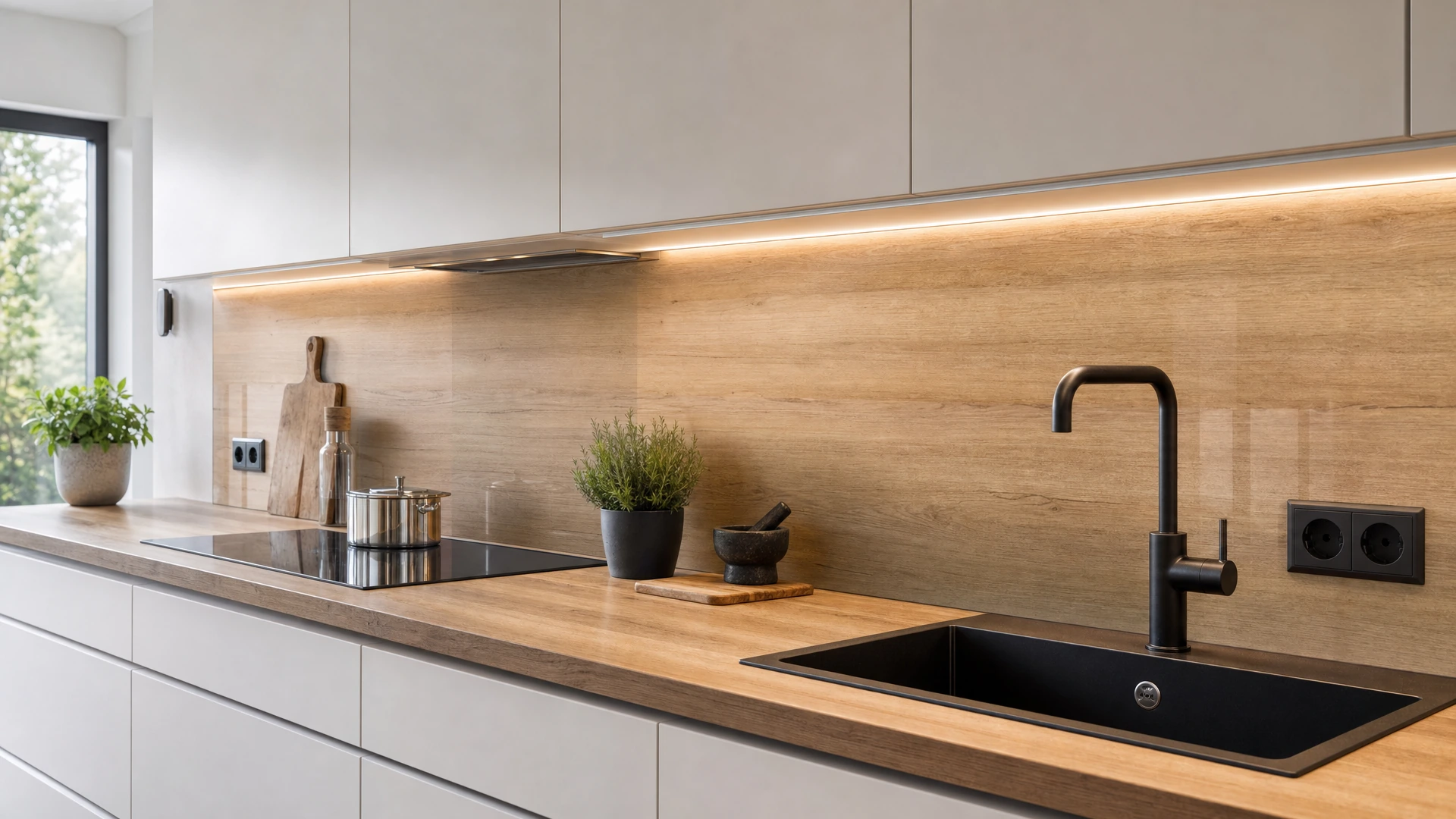 Moderne Küche mit Glas-Küchenrückwand in warmer Holzoptik