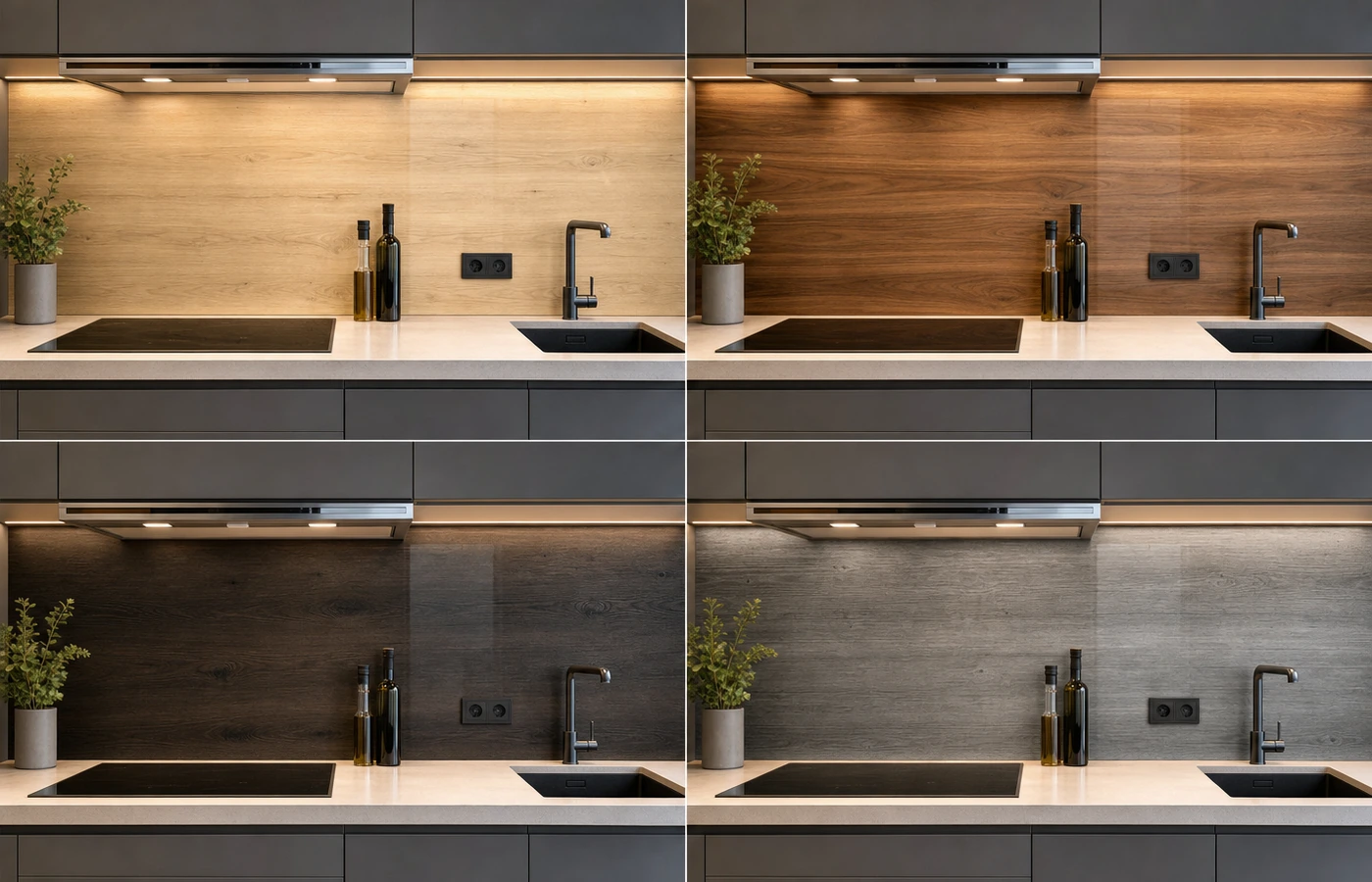 Vergleich heller, warmer, dunkler und grauer Holzoptiken für Küchenrückwände