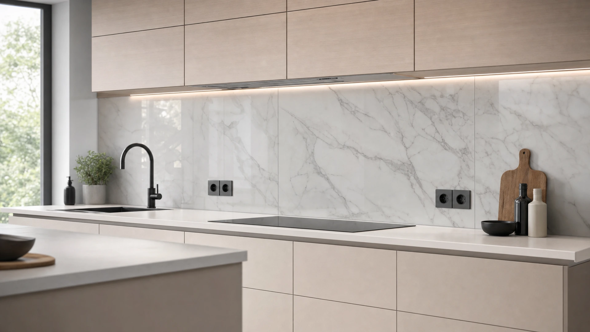 Moderne Küche mit eleganter Glas-Küchenrückwand in Marmoroptik