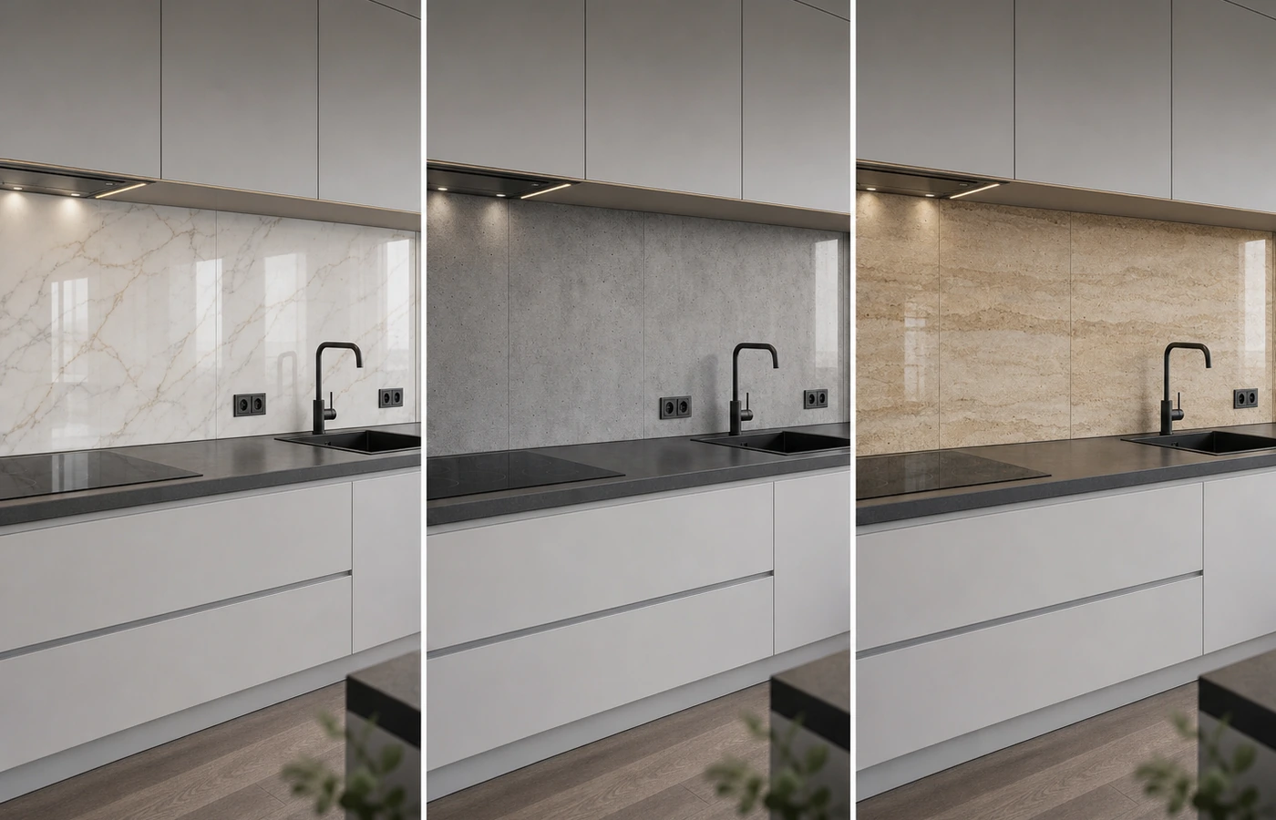 Vergleich von Marmor-, Beton- und Natursteinoptik für Glas-Küchenrückwände