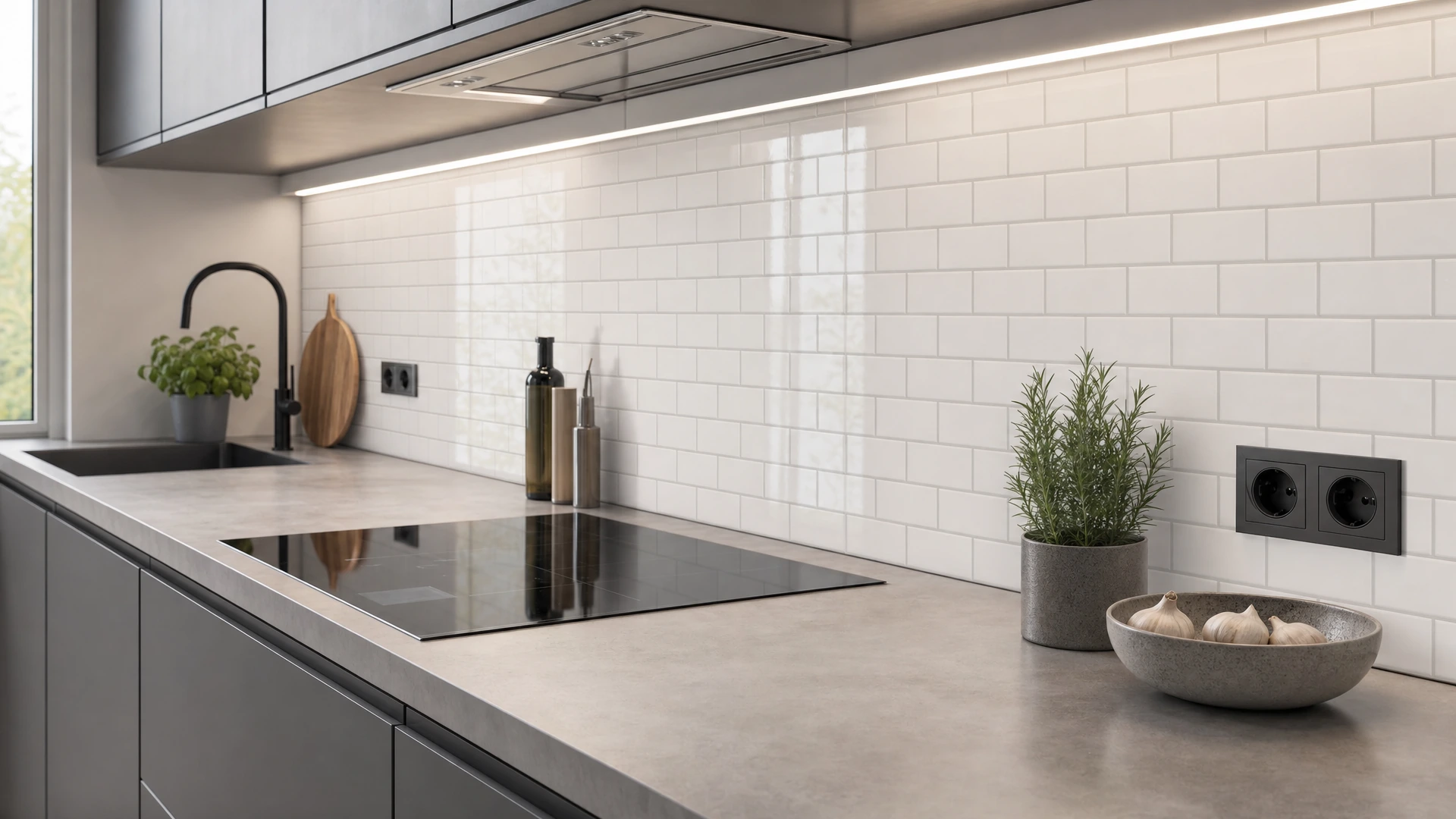 Glas-Küchenrückwand mit realistischer Metrofliesenoptik