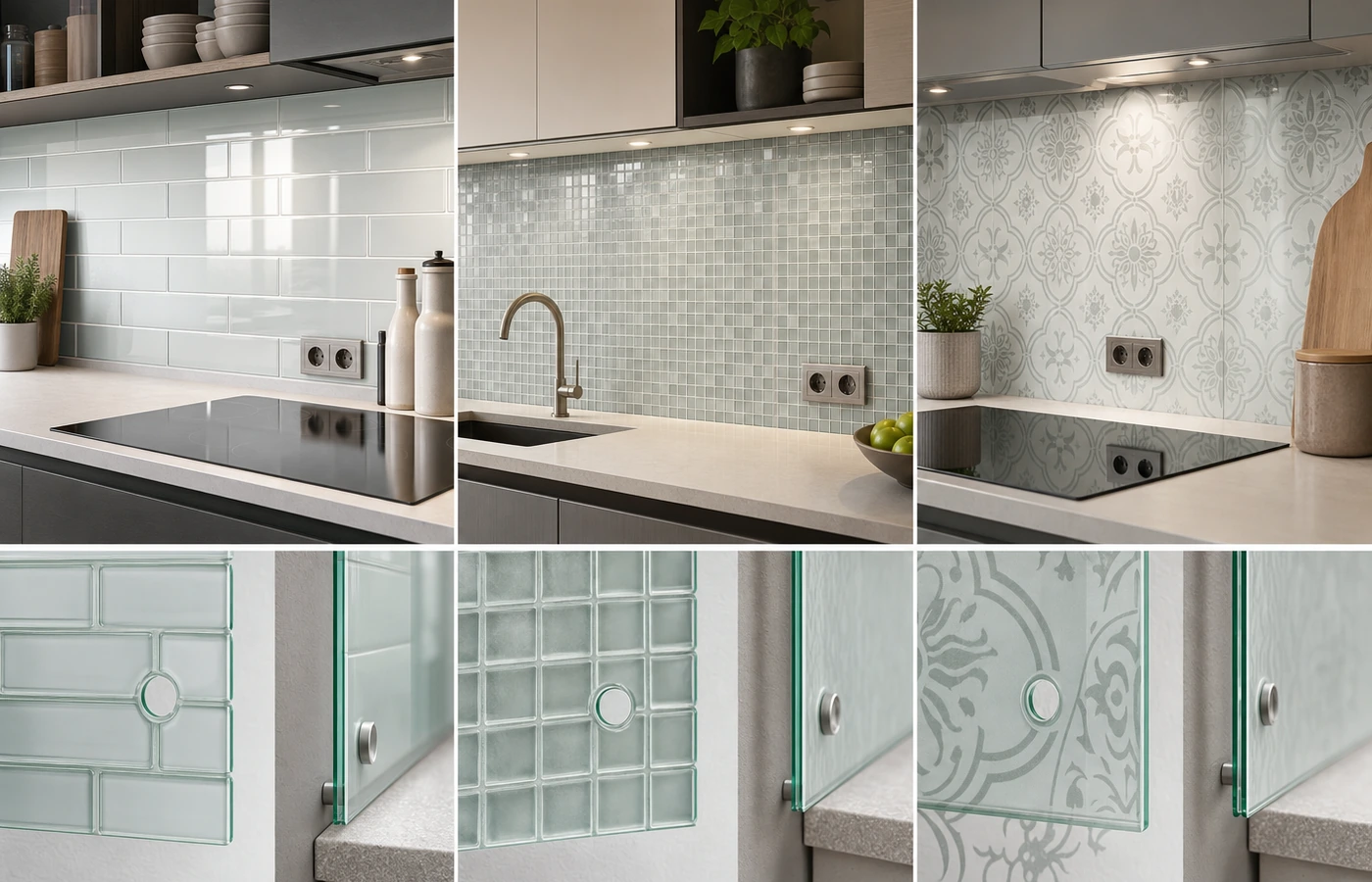 Vergleich von Metro-, Mosaik- und Ornament-Fliesenoptik auf Glas
