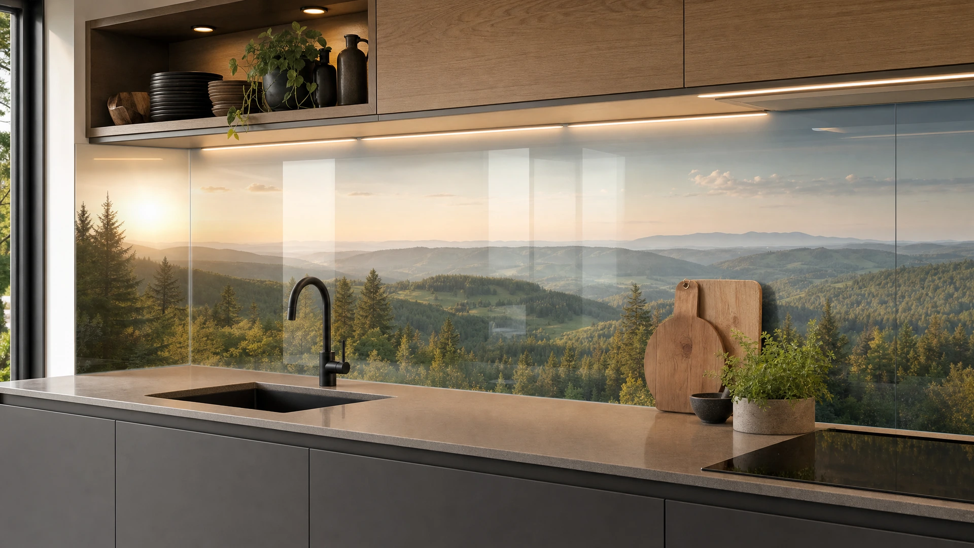 Moderne Küche mit weiter Landschaft auf der Glas-Küchenrückwand
