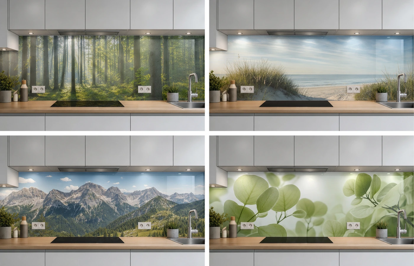 Vergleich von Wald-, Küsten-, Berg- und Pflanzenmotiven für Küchenrückwände