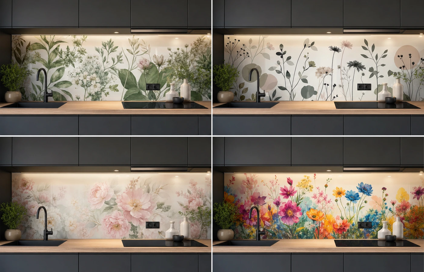 Vergleich botanischer, grafischer, romantischer und farbstarker Blumenmotive