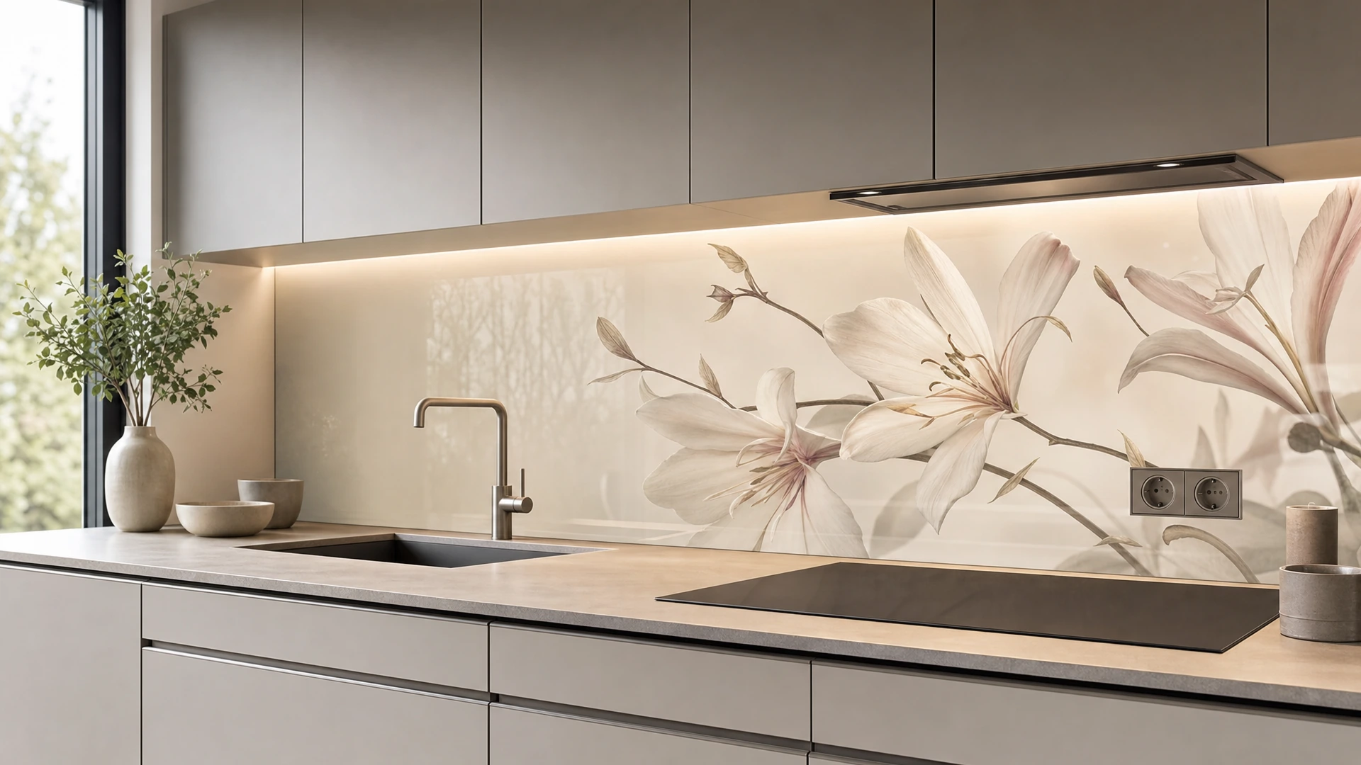 Elegante Glas-Küchenrückwand mit großformatigem Blumenmotiv