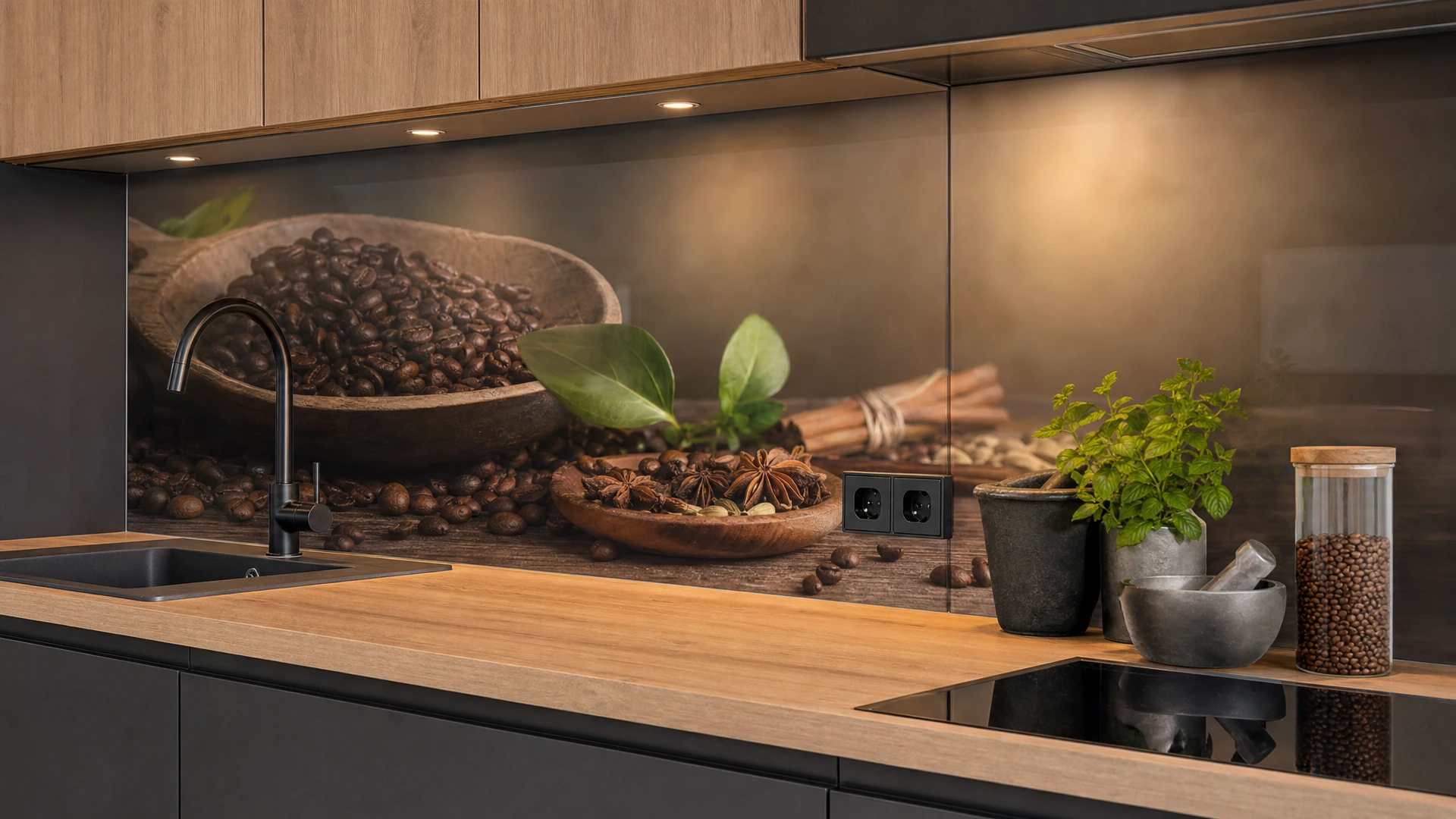 Glas-Küchenrückwand mit hochwertigem Gewürz- und Kaffeemotiv