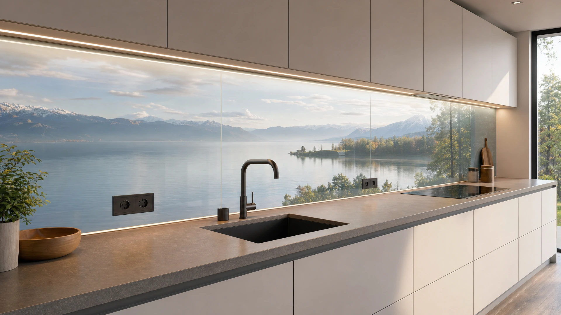 Lange Glas-Küchenrückwand mit ausgewogenem Panoramamotiv