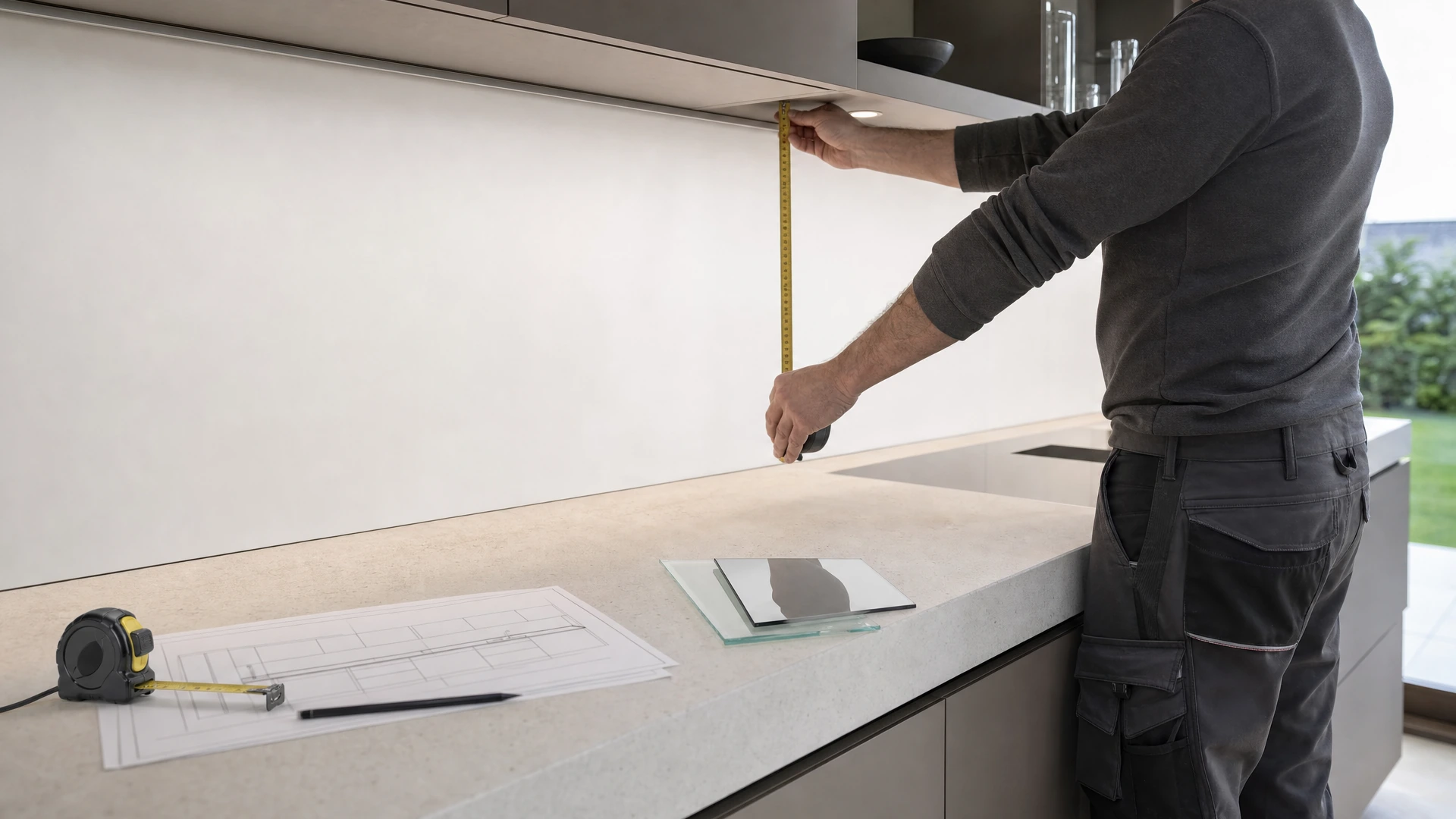 Planung einer Küchenrückwand aus Glas nach Maß mit Aufmaßskizze und Materialmustern