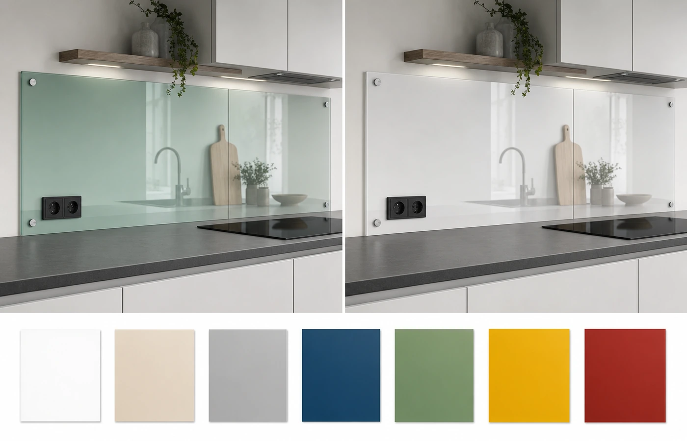 Farbwirkung desselben Küchenmotivs auf Klarglas und Weißglas