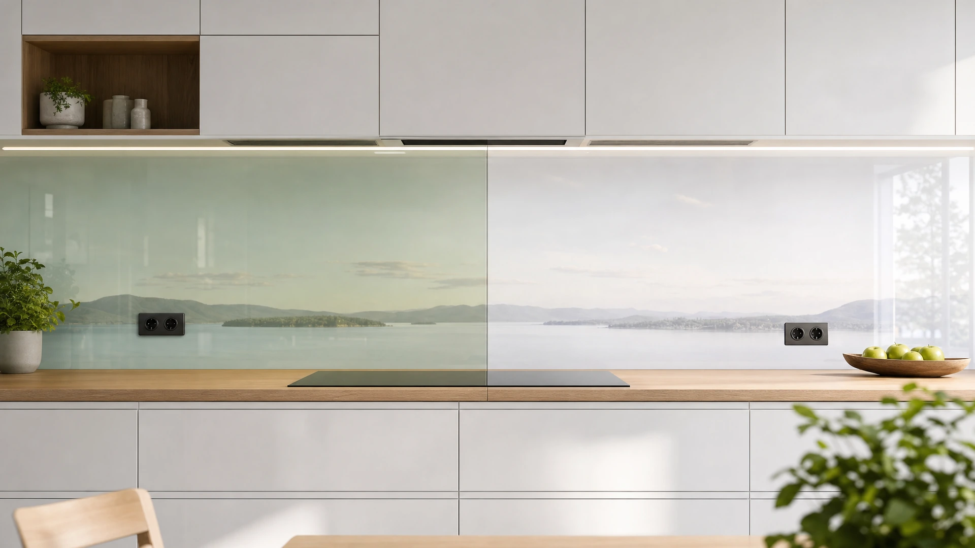 Vergleich einer Küchenrückwand aus Klarglas und Weißglas in derselben hellen Küche