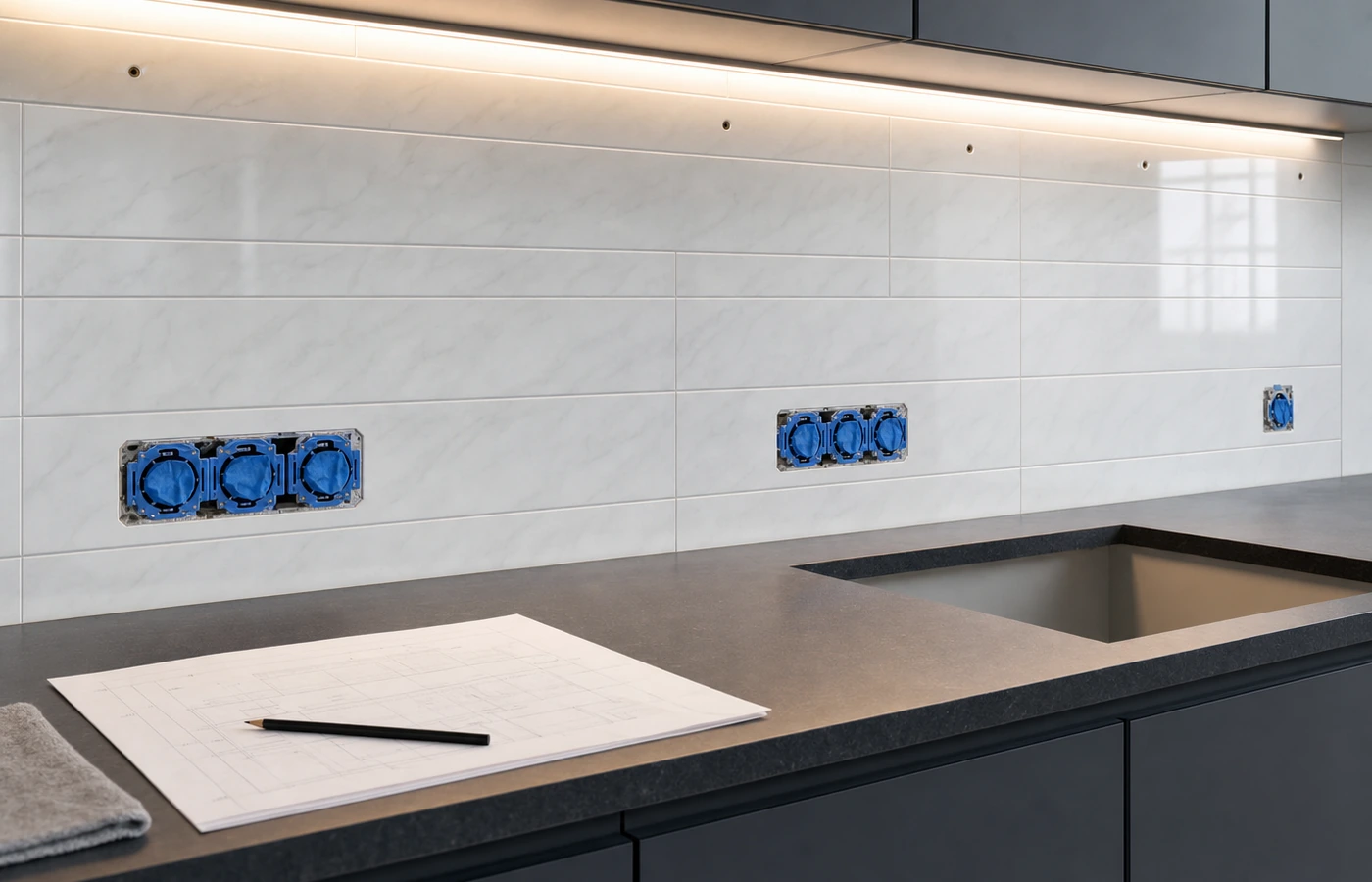Vorbereitete Küchenwand mit gereinigter Fliesenfläche und freigelegten Anschlussbereichen