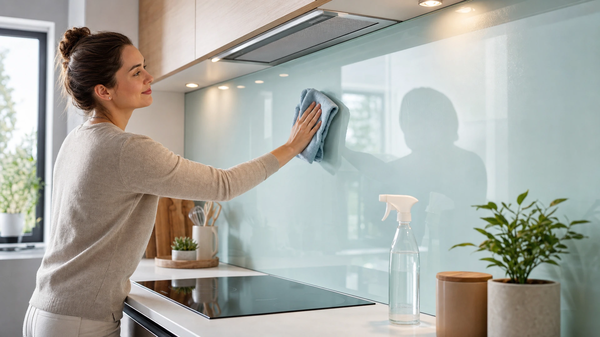 Schonende Reinigung einer Glas-Küchenrückwand mit weichem Mikrofasertuch