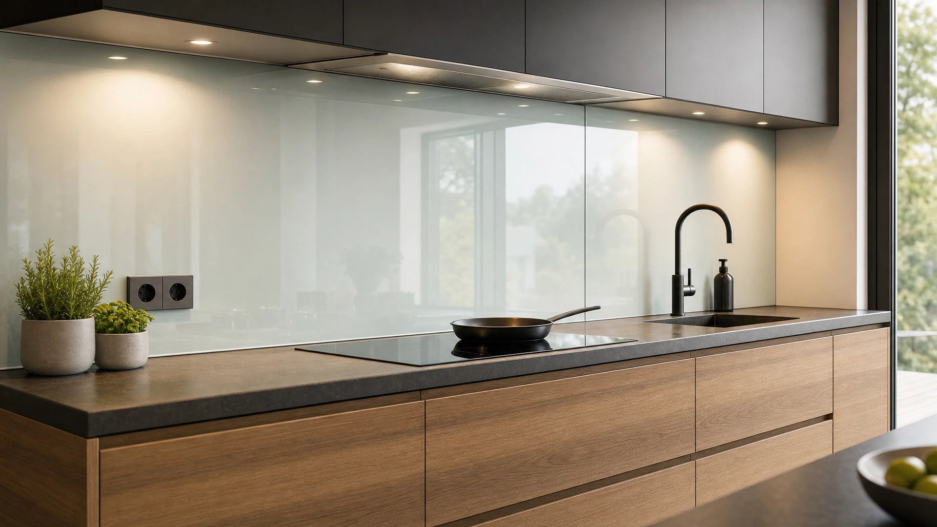 Fugenarme Glas-Küchenrückwand als moderne Alternative zum Fliesenspiegel