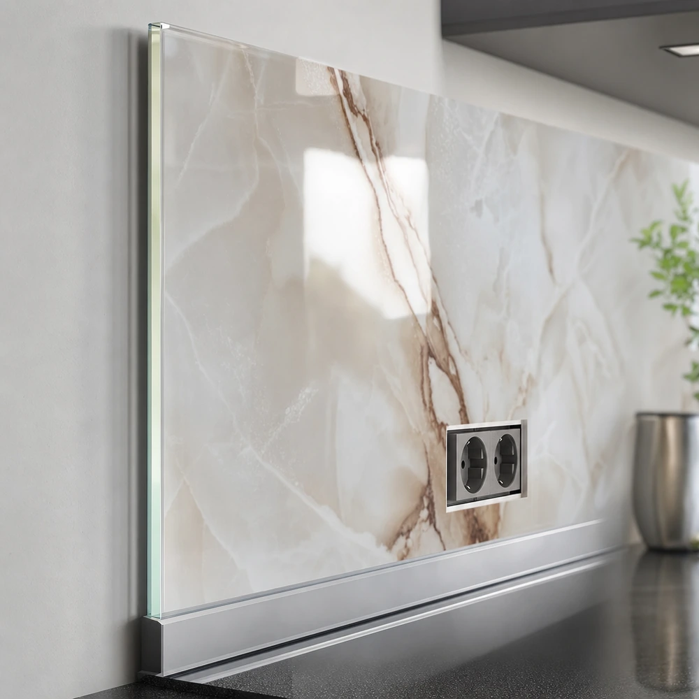 Detailaufnahme einer hochwertigen bedruckten Küchenrückwand aus Glas