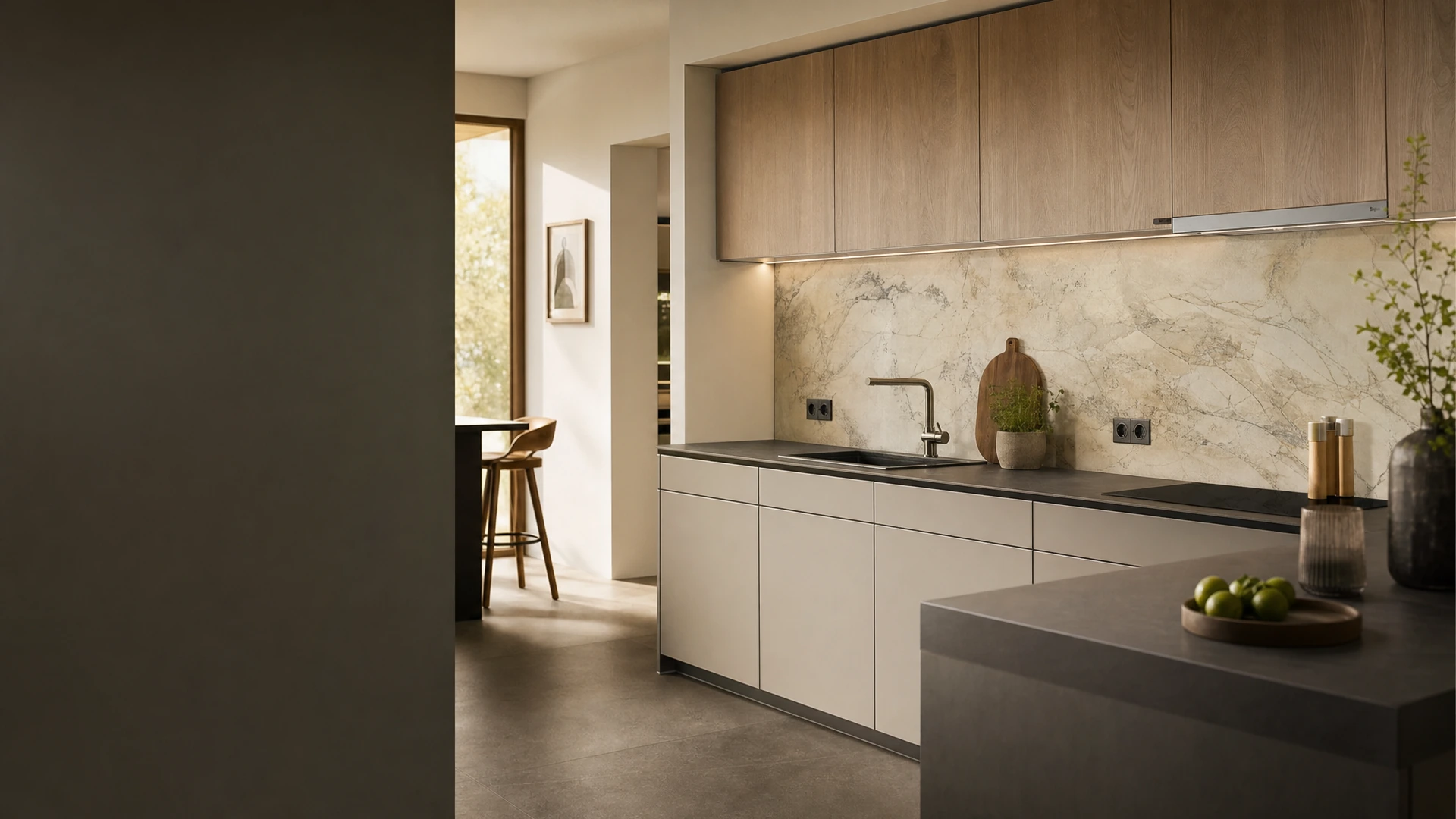 Moderne Küche mit individuell gestalteter Küchenrückwand aus Glas