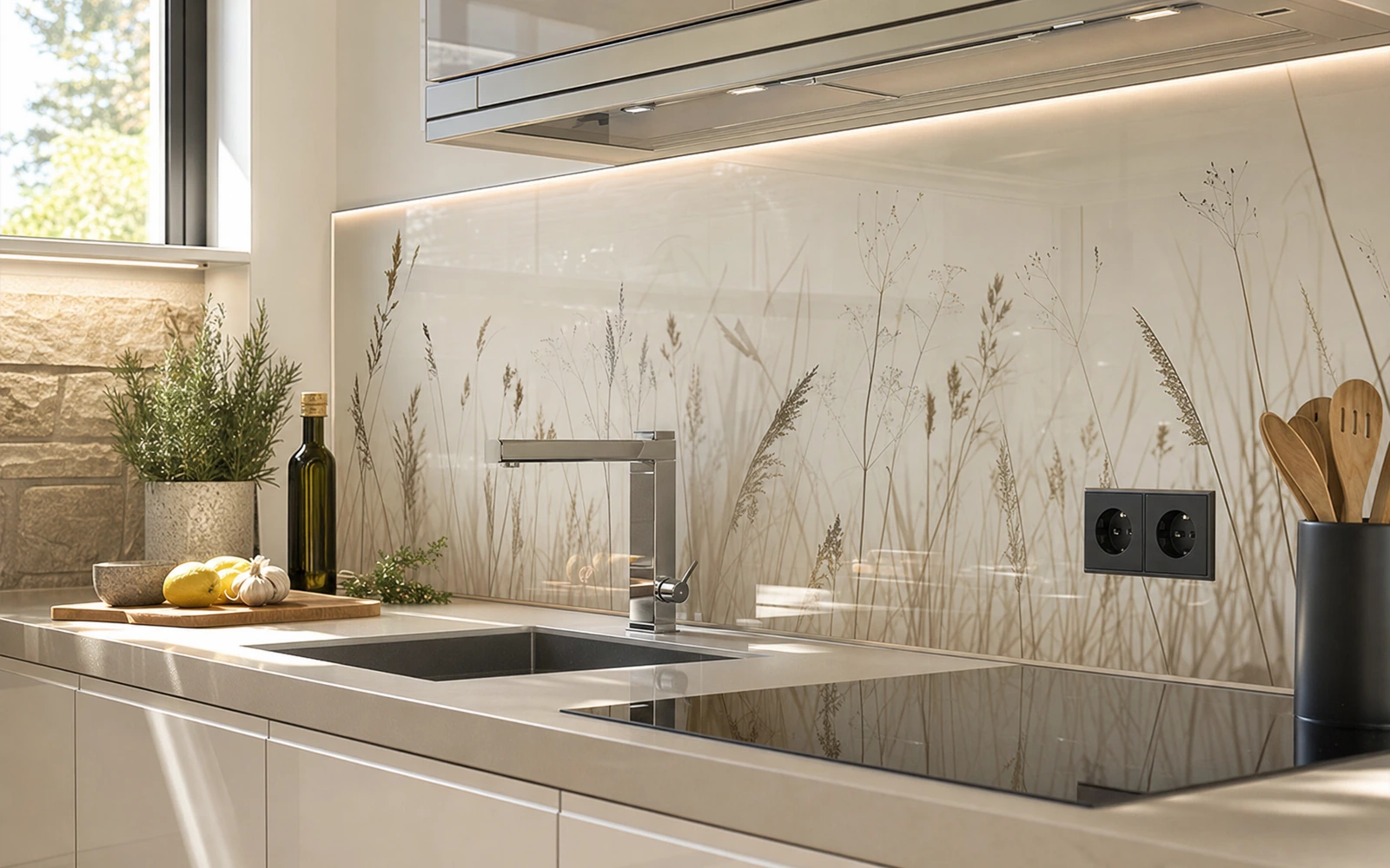 Moderne Traumküche mit individuell gestalteter Glas-Küchenrückwand