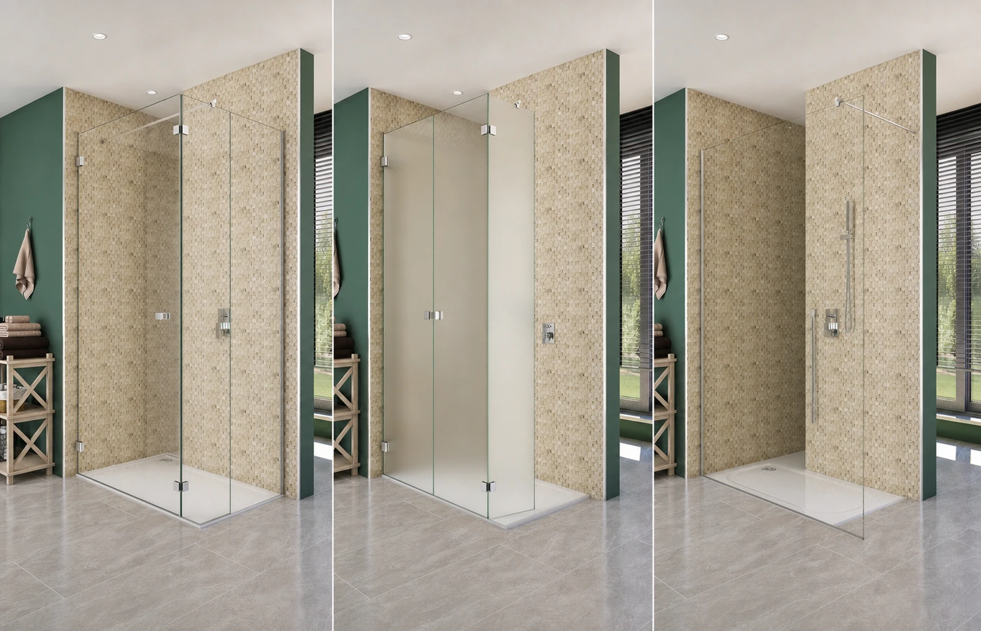 Vergleich mehrerer Glas- und Befestigungsvarianten – veranschaulicht an einer Walk-in-Duschwand