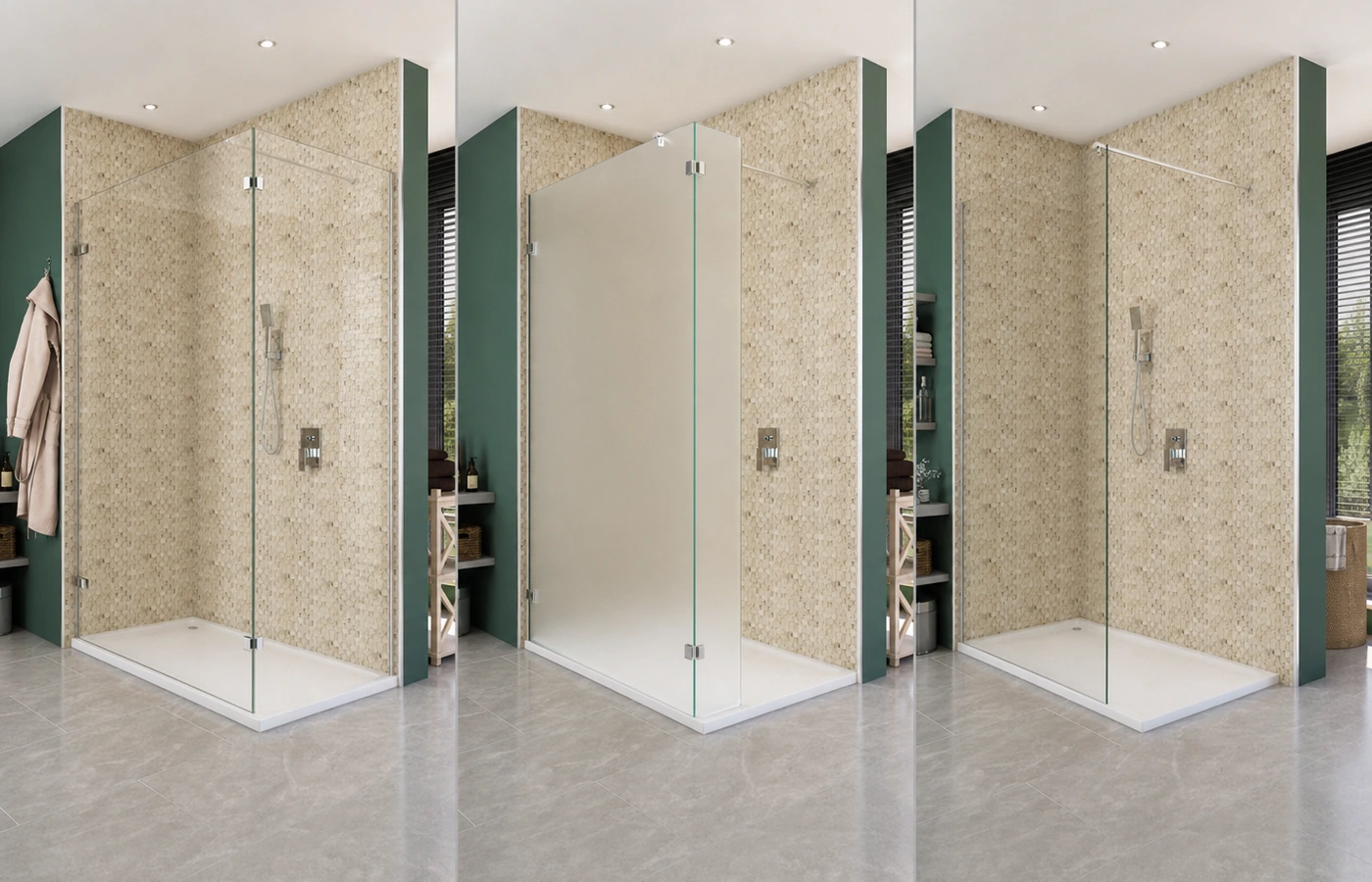 Vergleich unterschiedlicher Anschluss- und Glasvarianten – veranschaulicht an einer Walk-in-Duschwand