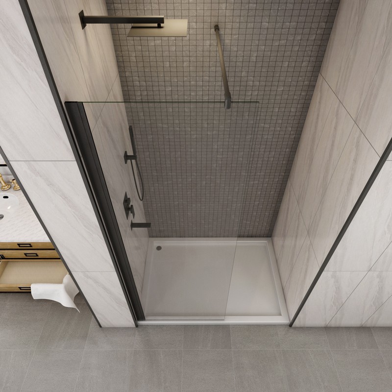 Schwarze Walk-in-Ausführung mit sichtbarer Stabilisation – veranschaulicht an einer Walk-in-Duschwand