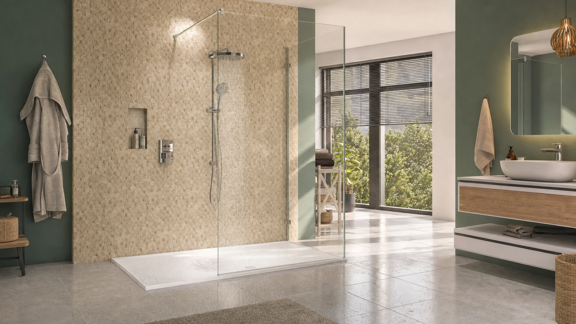 Walk-in-Dusche mit Glaswand und Spritzschutzbezug