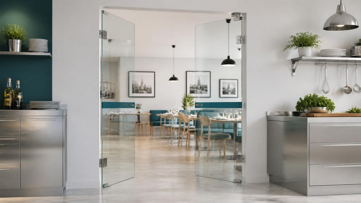 Glas-Pendeltür zwischen Küche und angrenzendem Raum