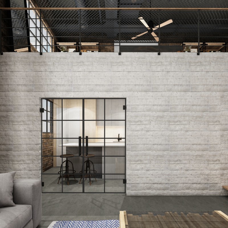 Glas-Pendeltür mit schwarzem Loft-Dekor