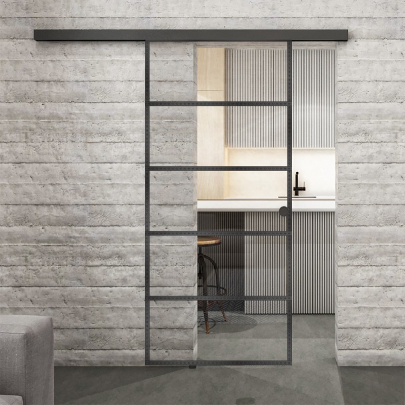 Einstiegsmotiv: Glasschiebetür BLACK-LINE Loft Schwarzeisen Genietet 01 Auf Klarglas