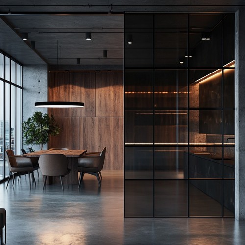 Elegante Schwarzglas Glasschiebetüren in modernen Räumen